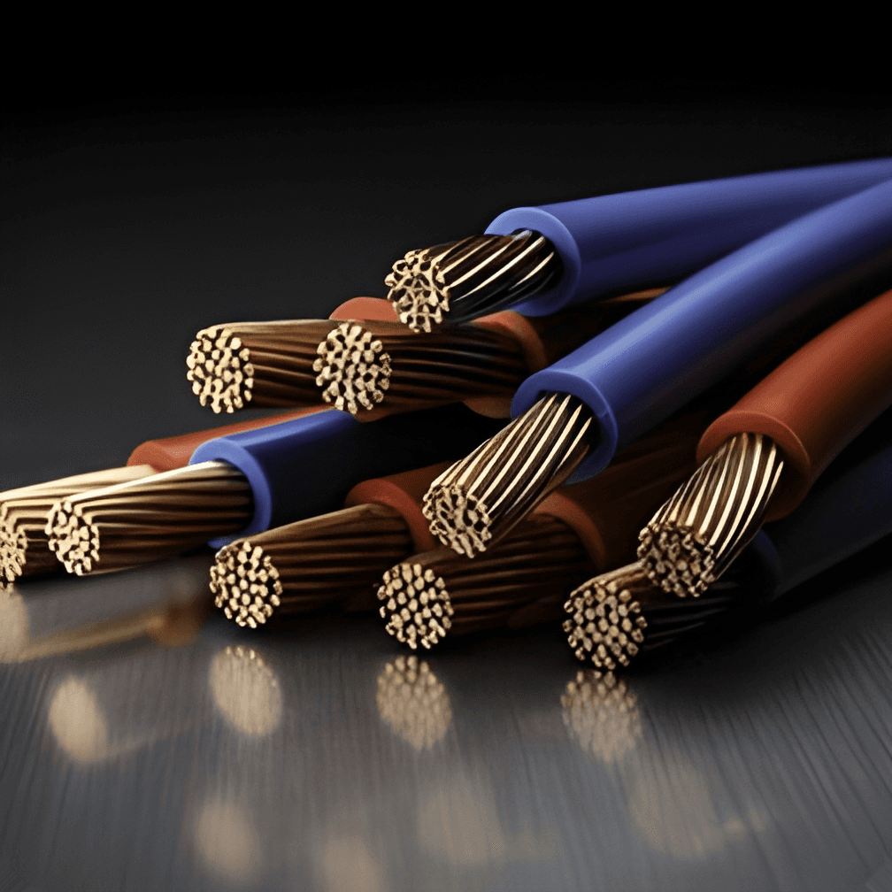Colour-coded copper power cable conductors, insulation stripped back