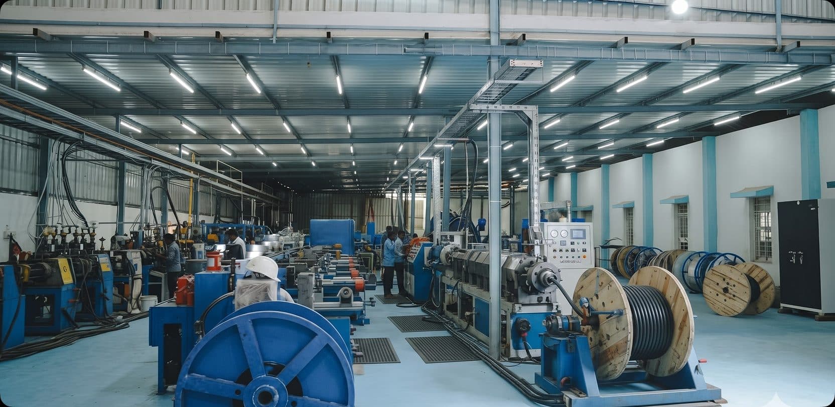 Interior of the Housecab cable manufacturing plant, showing extrusion lines and finished cable reels
