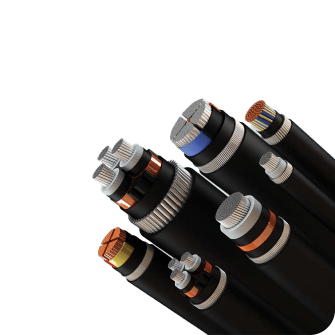 Cut ends of Housecab LT power armoured cables, showing the steel armour, copper conductors and colour-coded cores