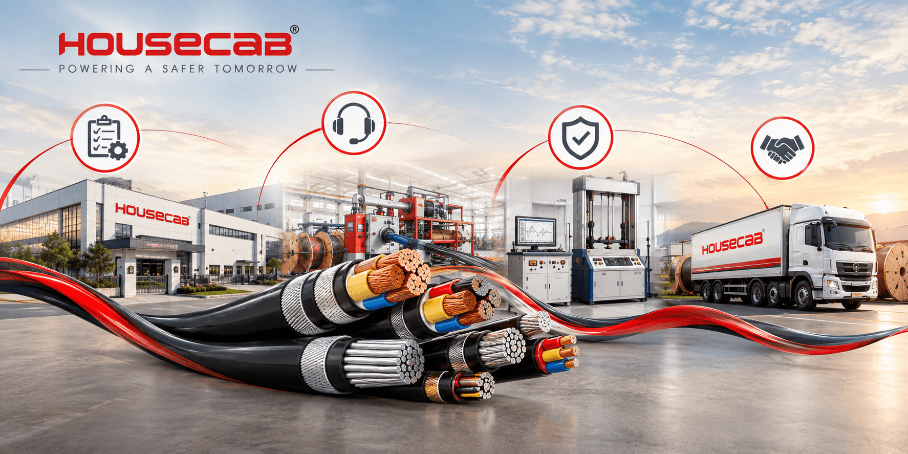 Housecab — powering a safer tomorrow: the plant, an extrusion line, the testing lab and a delivery truck, with armoured power cables in the foreground