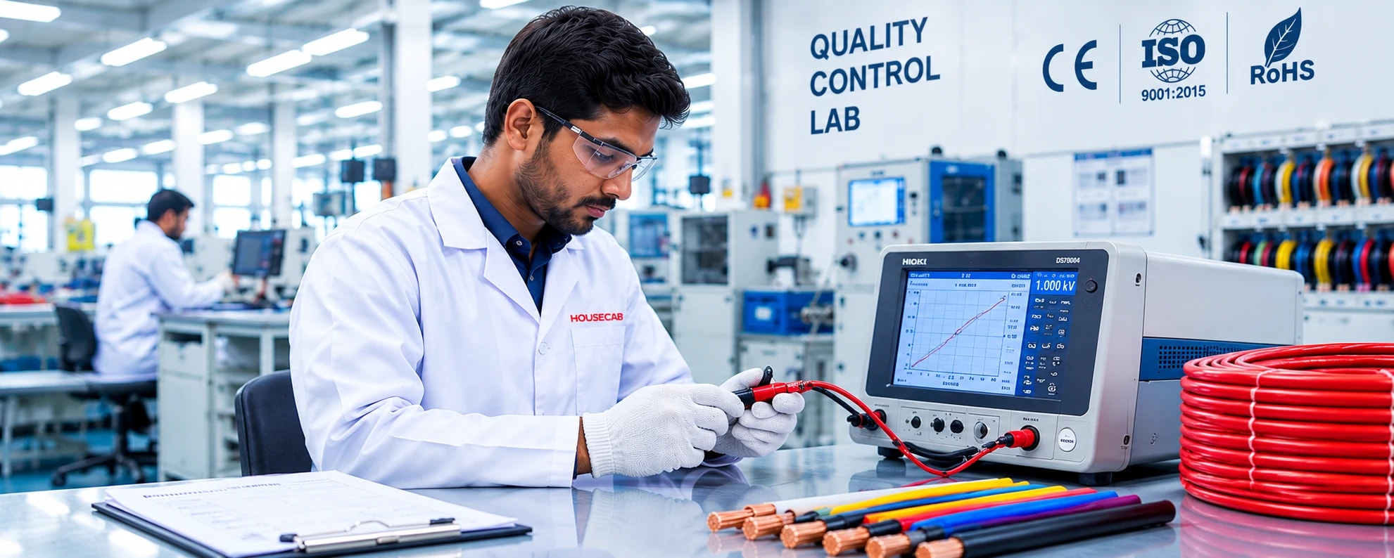 A Housecab technician in a white lab coat and safety glasses testing a cable sample on a bench-top tester in the quality control lab, with cable samples and a coil of red cable on the bench